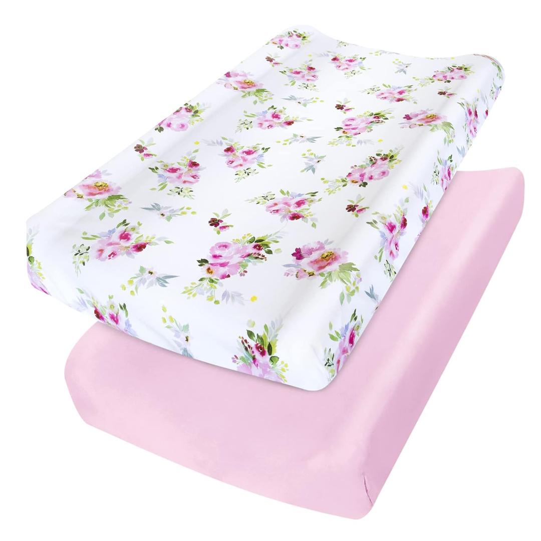 Changing Pad Cover for Girls 2 Pack, Lovely Print Soft Diaper Change Table Sheets, Fit 32"x16" Contoured Pad, Comfy Cozy 2-Pack Cradle Sheets,Floral
