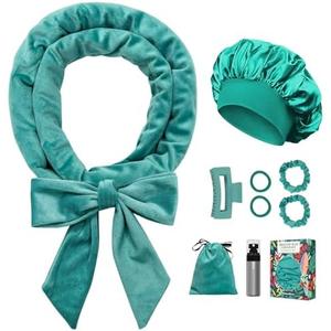 Gwabee No Heat Overnight Curl Headband, 70" Soft Ribbon Wrap for Long Hair, 9 PCS Hair Curling Rods Set - Blue Green