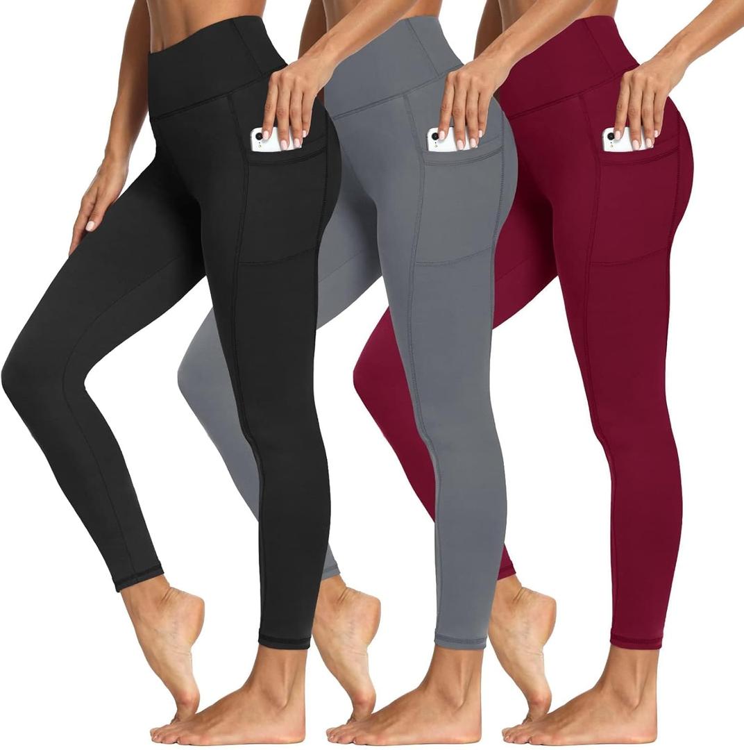 Syrinx 3 Packs Leggings with Pockets for Women, Soft High Waisted Tummy Control Workout Yoga Pants for Gym & Daily Wear (XX-Large, 3 Pack Black,dark Gray,burgundy)