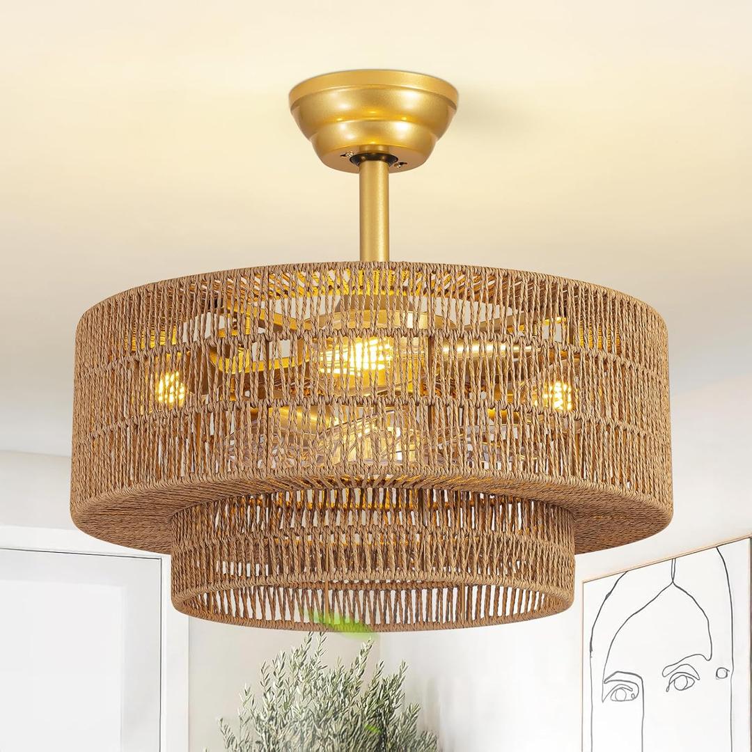 Boho Caged Fandelier with Lights Flush Mount Rattan Ceiling Fan with Lights and Remote Control, Enclosed 6 Speeds Low Profile Fan Light for Bedroom, Living Room, Kitchen, Medium