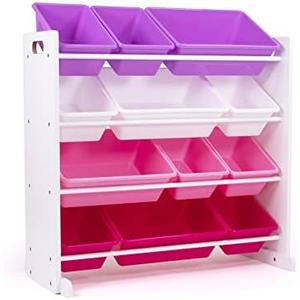 Humble Crew Kids Toy Storage Organizer with 12 Plastic Bins, White/Pink/Purple – Removable Bins for Playroom, Bedroom, Toddler Furniture for Boys and Girls Ages