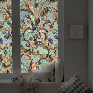 3D Stained Glass Window Film, Decorative Window Privacy Film for Bathroom,Front Door,Home, Sun Blocking Heat Control,Static Cling, Leafy Serenade 23.6inch x 35.4inch