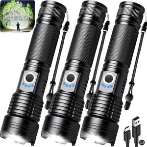 Flashlight Rechargeable 99,000 High Lumens - 3 Pack Bright LED Flash Light with 5 Modes, Handheld Waterproof Linterna for Camping, Home, Outdoor