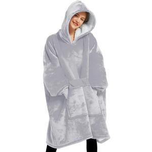 Lzzidou Oversized Blanket Hoodie for Women, Two Layers Cozy Flannel Sherpa Wearable Blanket Sweatshirt Adult (Light Grey)