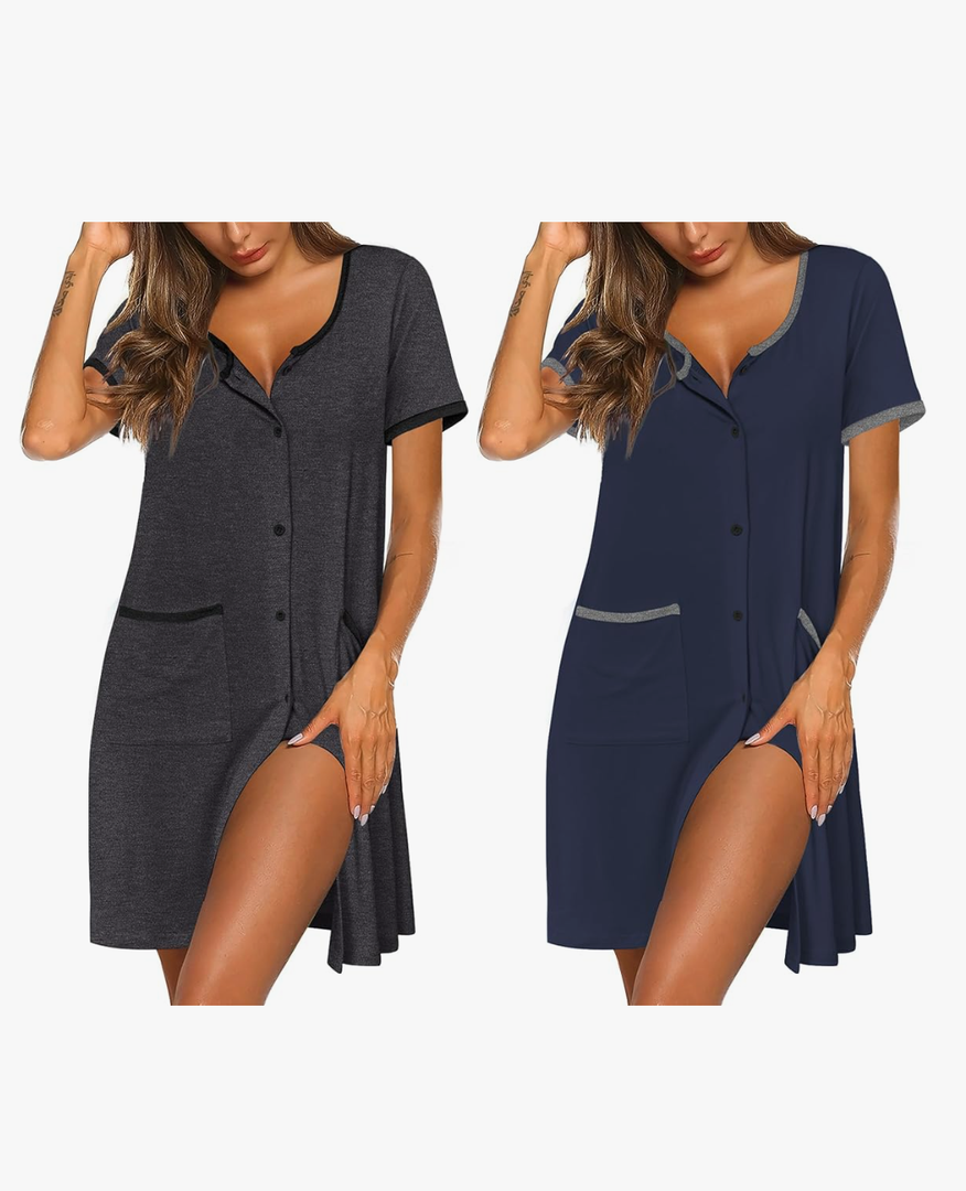 Ekouaer Nightgowns for Women 2 Pack Button Down Sleep Shirts Short Sleeve Nightshirt Sleepwear House Dress with Pockets, Large