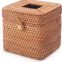 Rattan Tissue Box Cover Natural Woven Facial Napkin Holder Square with Lid 5.7 x 5.7 x 5.5 Inch (Natural)