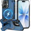 3 in 1 for iPhone 17 Case [Compatible with MagSafe] [Invisible Kickstand] [HD Screen Protector] [Camera Lens Protector], Protective Magnetic Phone Cover for iPhone 17 (Blue)
