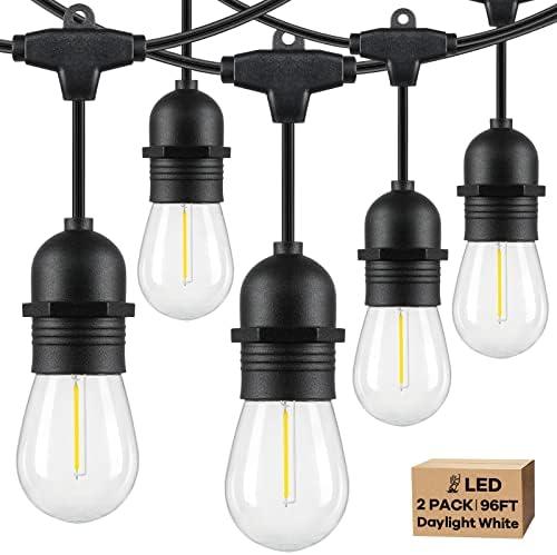 Lakumu 2-Pack 96FT Outdoor String Lights with Waterproof Shatterproof Dimmable 5000K Daylight White E12 Filament S14 LED Bulbs for Backyard Hanging Lights Linkable Patio Light for Deck Bistro Pergola
