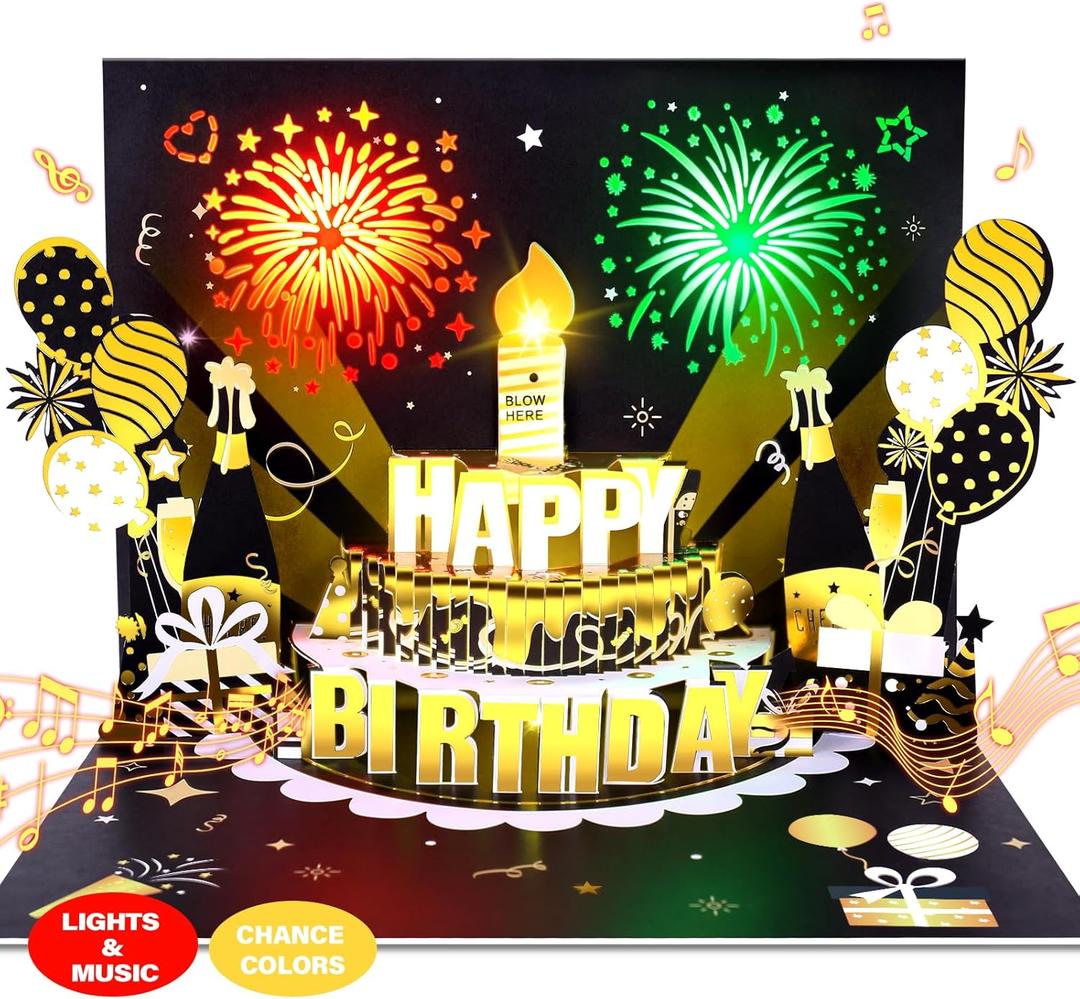 Happy Birthday Cards, 3D Pop-Up Firework Birthday Cards with Music & LED Lights, DIY Age Birthday Gifts for Mom, Women, Men, Kids, Dad, Father, Wife