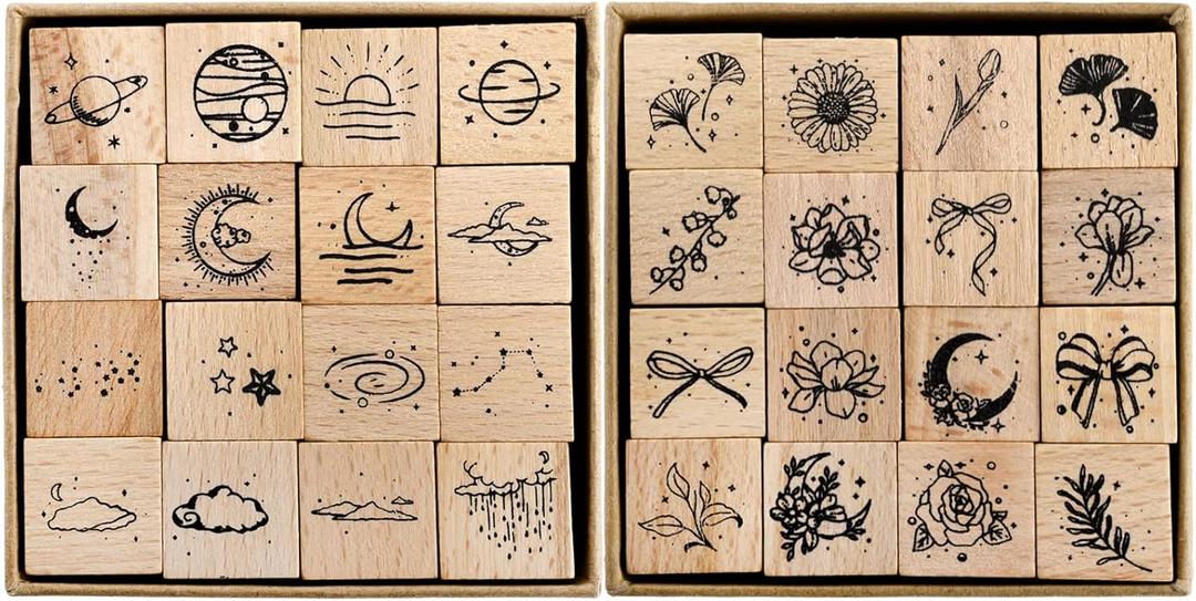 Hacaroa 32 Pieces Wooden Rubber Stamp Set, Moon Star Botanical Decorative Wood Stamps for Journal, Diary, Scrapbook, Planner, Letter, DIY Craft, Card Making