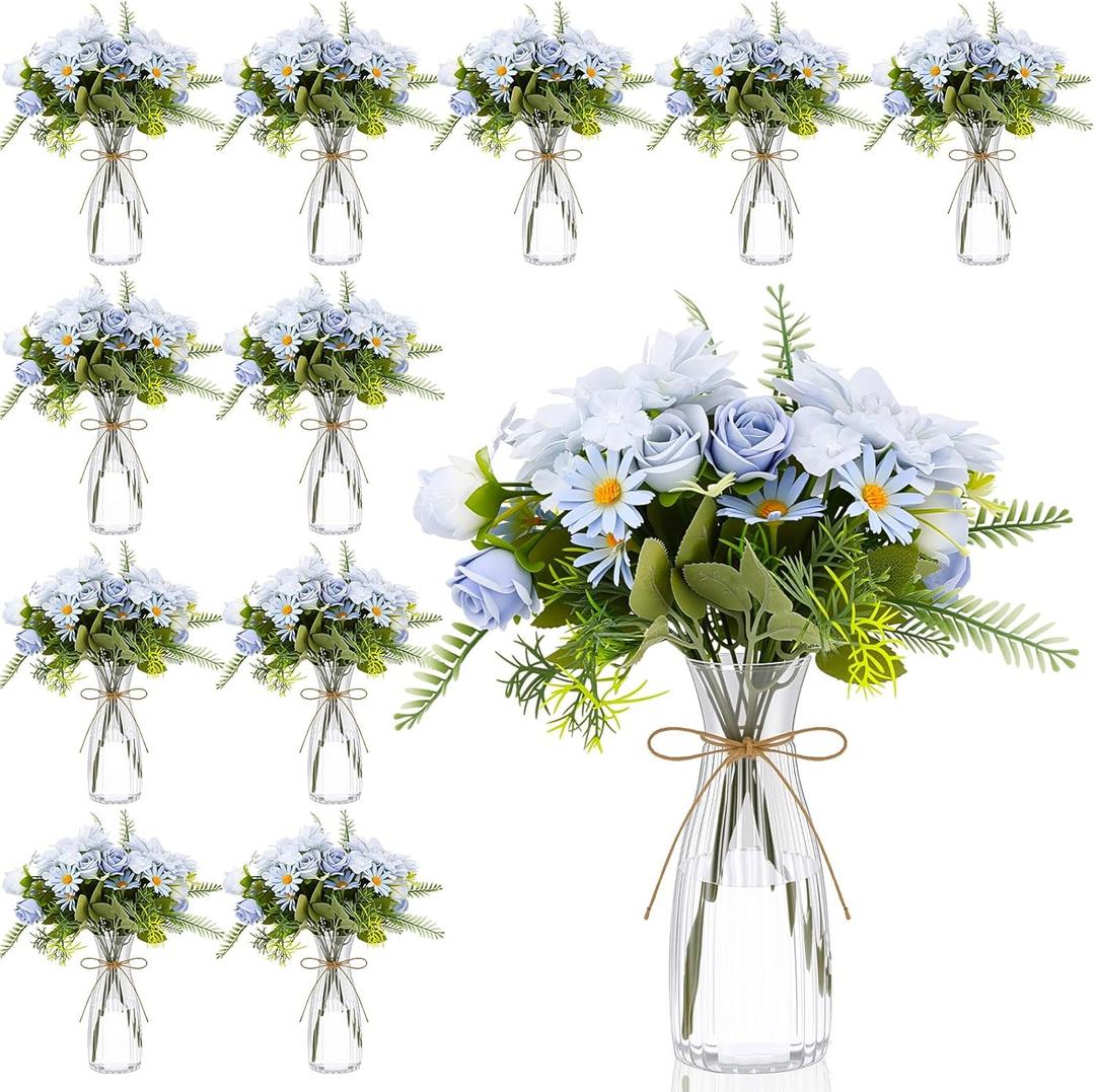 Reallnaive 30 Pack Artificial Flowers Table Centerpieces Decorations with Vase Wedding Mason Jar 20 Bundles Silk Floral Bouquet 10 Clear Vase with 1 Pcs Rope for Party Decor(Dahlia,Blue) (Dahlia - 11.02 inches tall)