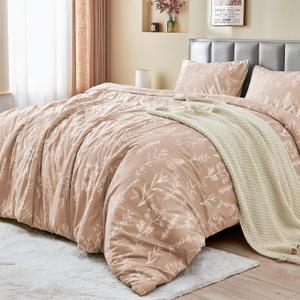 MUXHOMO Duvet Cover Queen Size, Reversible Floral Rosy Gold Duvet Cover Set with Zipper Closure, 3 Pieces Botanical Patterns Soft Microfiber Bedding Set with 4 Ties (90"x90", 2 Pillow Cases) (01 - Rosy Gold Leaves (No Comforter))