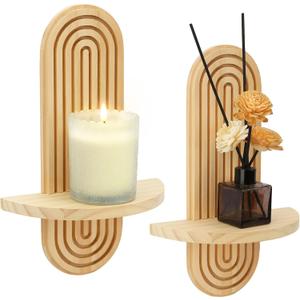 Bohemian Wood Candle Sconces Set of 2 - Wall Mounted Candle Holders Art Decor, Rustic Farmhouse Floating Wall Sconces Shelf for Living Room, Dining Room, Hallway