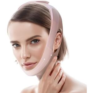 Jawline Shaper Chin Strap for Sleeping, Reusable V-Line Mask for Women Face Lifting Made w/Electric-Hot-Press Tech for Skin-Friendly & Breathable Cooling Fabric (Pink, M)