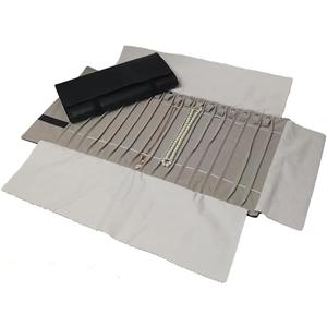 Portable Jewelry Roll Untangled Secure Necklace Travel Storage Bag Displays Holder 16 Chain (Black PU and gray velvet)