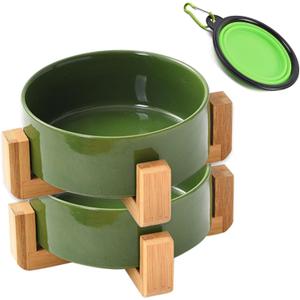 Petygooing Ceramic Dog Bowl Set with Stand, Cat & Dog Food and Water Bowls, Medium Size - Anti-Slip Set of 2 - 28 OZ /3.6 Cups - Rust Green