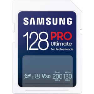 SAMSUNG PRO Ultimate Full Size 128GB SDXC Memory Card, Up to 200 MB/s, 4K UHD, UHS-I, C10, U3, V30, A2, for DSLR, Mirrorless Cameras, PCs, MB-SY128S/AM