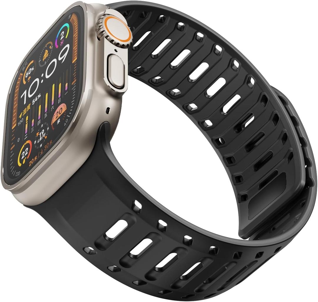 Silicone Loop Band for Apple Watch Series 1/2/3/4/5/6/7/8/9/10/SE/Ultra 1/2, Double Lock Sport Strap with Buckle Pin & Magnetic Adsorption for iWatch 42/44/45/46/49mm (Black)