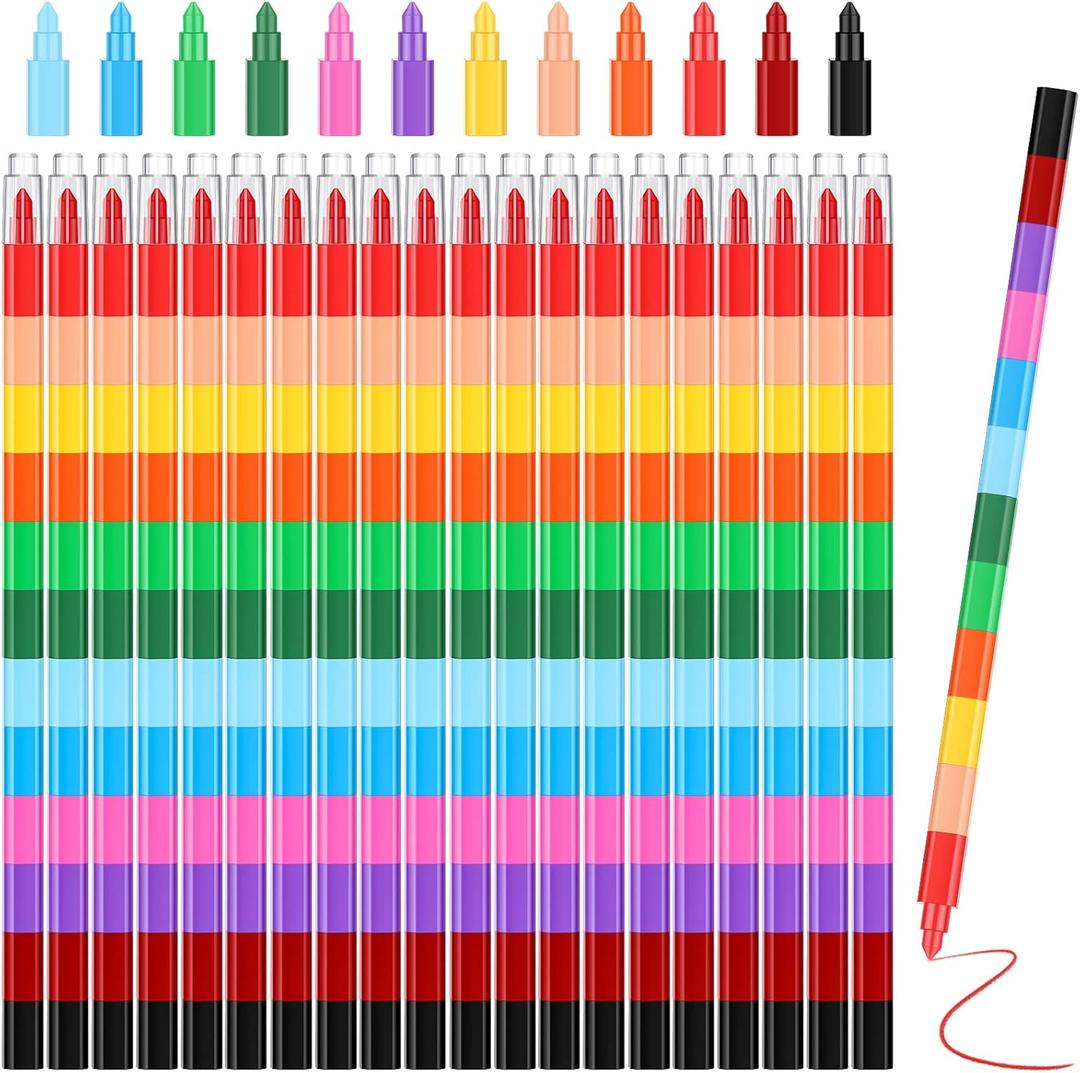 Marspark 20 Pcs Stackable Crayons Stacking Buildable Crayons Colorful Stackable Pencils Party Favors DIY Rainbow Pencil for School Office Birthday Party, 12 Colors(Vivid Color,Flat)