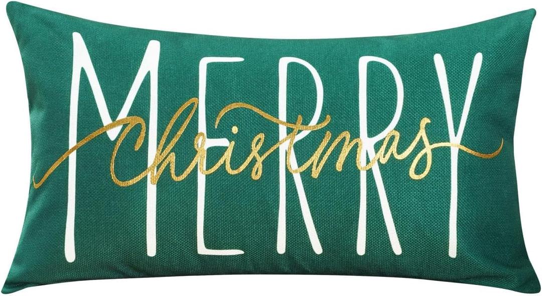 ONWAY Christmas Pillow Cover 12x20 Inch Merry Christmas Gold Green Decorative Throw Pillows Farmhouse Winter Holiday Decor Cushion Case for Sofa Couch Home Decorations