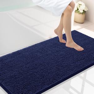 Smiry Luxury Chenille Bathroom Rugs 44x24, Extra Soft and Absorbent Shaggy Bath Mat, Machine Washable, Non-Slip Plush Carpet Runner for Tub, Shower, and Floor, Home Decor Accessories, Navy Blue