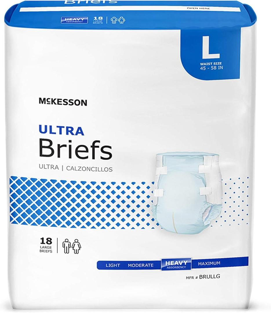 McKesson Ultra Briefs, [18 Count], Size L, 45-58 in. Incontinence Adult Diapers, Heavy Absorbency, Unisex, Disposable, Elastic Leg Gathers and Contoured Fit for Men and Women