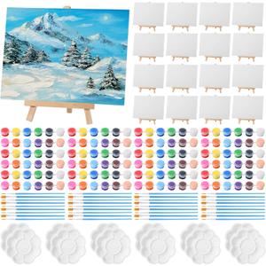 Qilery 24 Set 6 x 8 Inch Mini Canvas Boards and Easel for Painting, Acrylic Paint Strips, Palettes, Brushes, Canvases Painting Kits for Kids Adults Artists Beginners Oil Acrylic Painting Party Favors