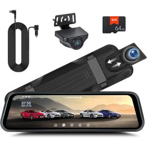 Rear View Mirror Camera, Mirror Dash Cam for Car 1080P Front & Rear Mirror Cameras 9.66 Inch HD IPS Full Touch Screen 64G Card Night Vision Motion Detection Loop Recording 24H Parking Monitor GSensor