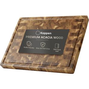 Acacia Wood End Grain Cutting Board, Large 20 x 15 x 1.5in, Knife-Friendly Butcher Block with Juice Groove, Inner Handles, Reversible Heavy-Duty Serving & Chopping Board, Gift Box Included