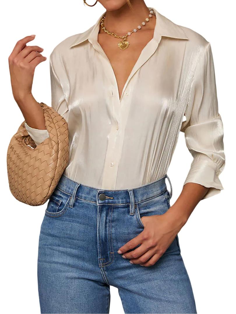 IYICLOTH Button Down Shirts for Women Business Casual Fitted Tops Long Sleeve V-Neck Work Blouse Formal,L Champagne