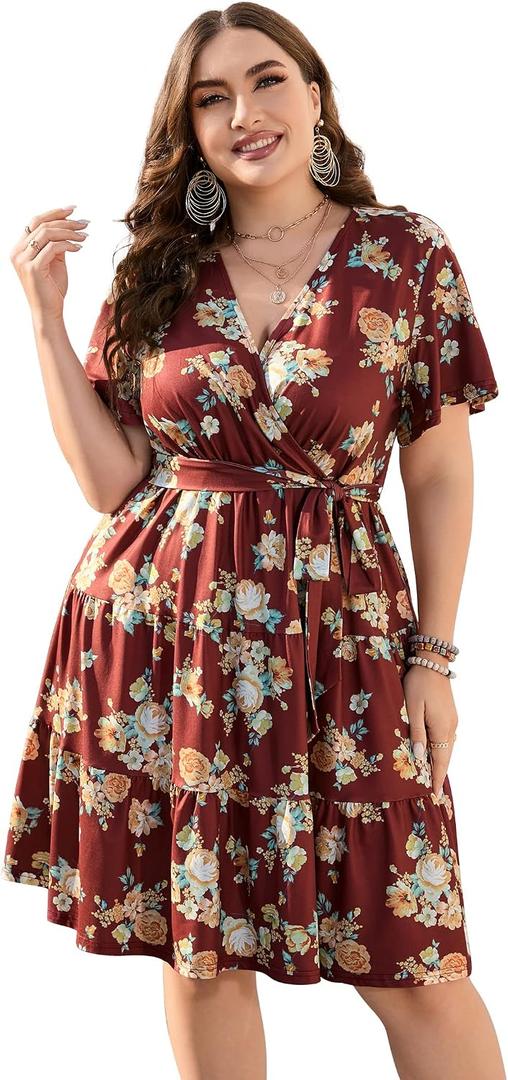 KOJOOIN Women Plus Size V Neck Wrap Dress High Waisted Short Sleeves Summer Casual Midi Dress with Belt Deep Wine Yellow Flower 2XL