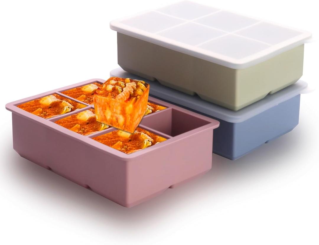 1/2 Cup Silicone Freezer Tray With Lid, Silicone Freezer Molds 3-Pack For meal prep & freezing of various sauces and other dishes, makes 18 perfect 1/2 cup portions cubes (Multicolor 3 Pack)