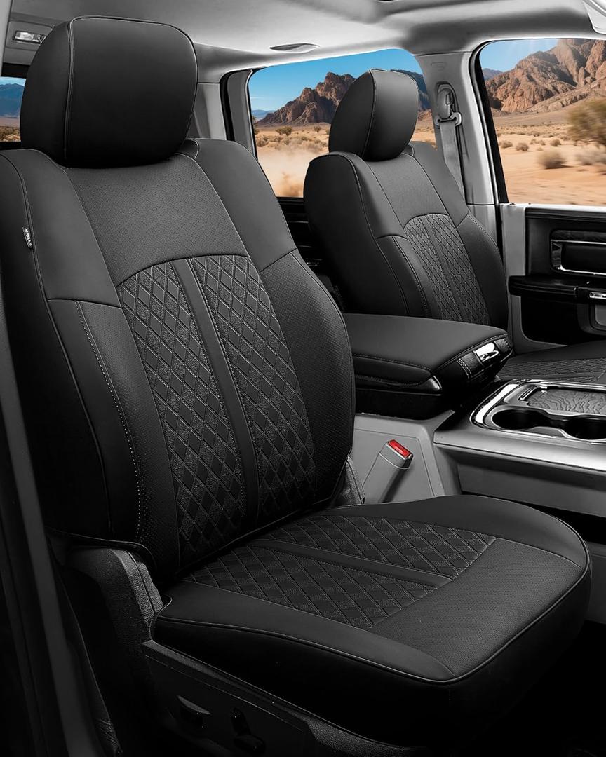 Leather Car Seat Covers for Dodge Ram 1500 4 Door 2012-2018 Crew Cab, Custom Fit Truck Seat Protectors Full Set, Black (Bucket Seat with 40/60 Split Rear Curved Bench)
