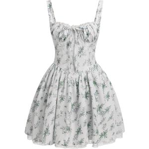 Womens Floral Printed Corset Dress Spaghetti Strap Flare Summer Midi Dress Lace Trim Cami Dress Flowy Sundress (X-Large, Green Leave)