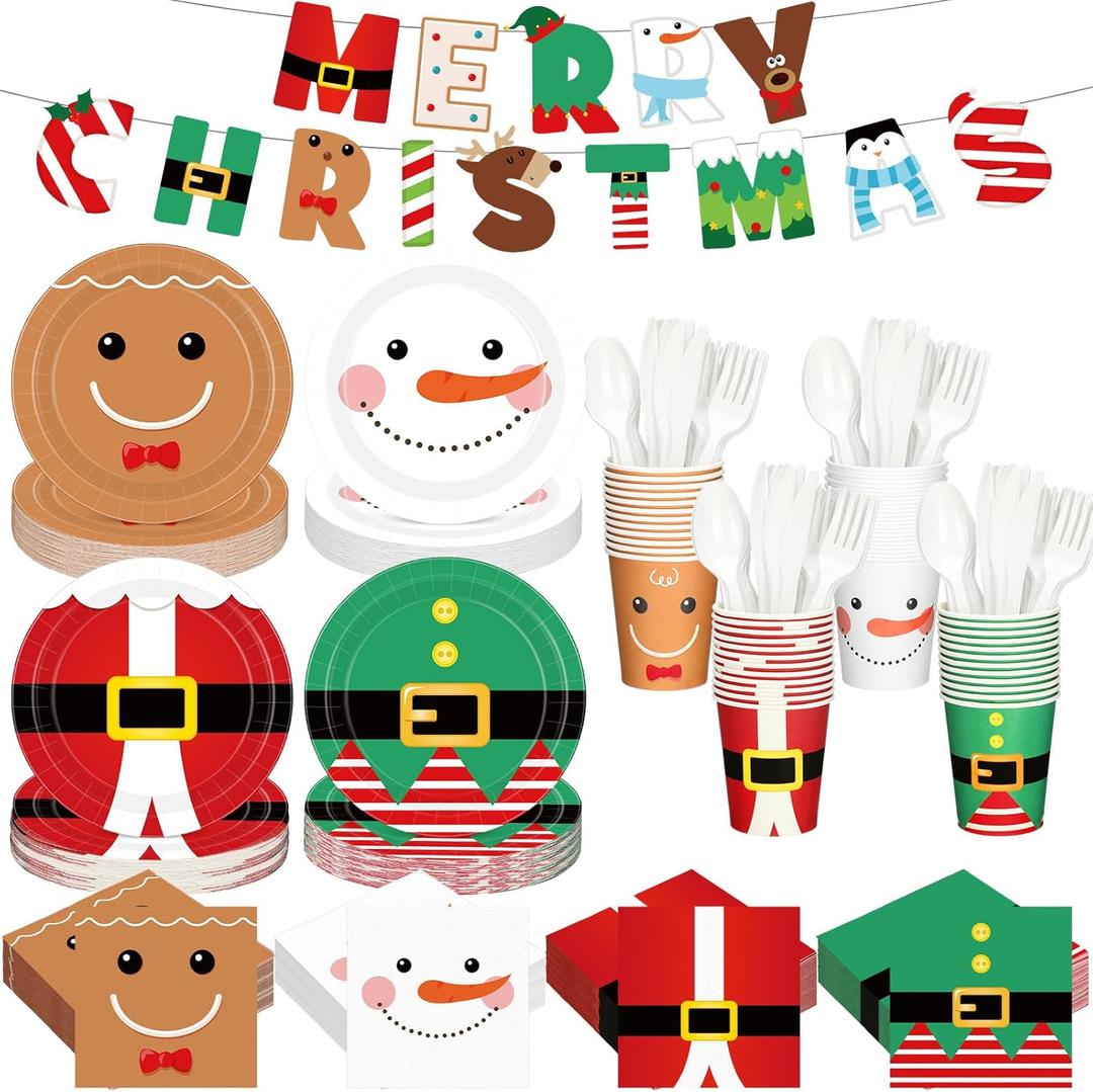 Vesici 245 Pcs Christmas Party Tableware Supplies Set Include Paper Napkins Plates Cups Banner Serves 48 Santa Gingerbread Snowman Elk Christmas Party Decorations for Merry Xmas Parties Supplies