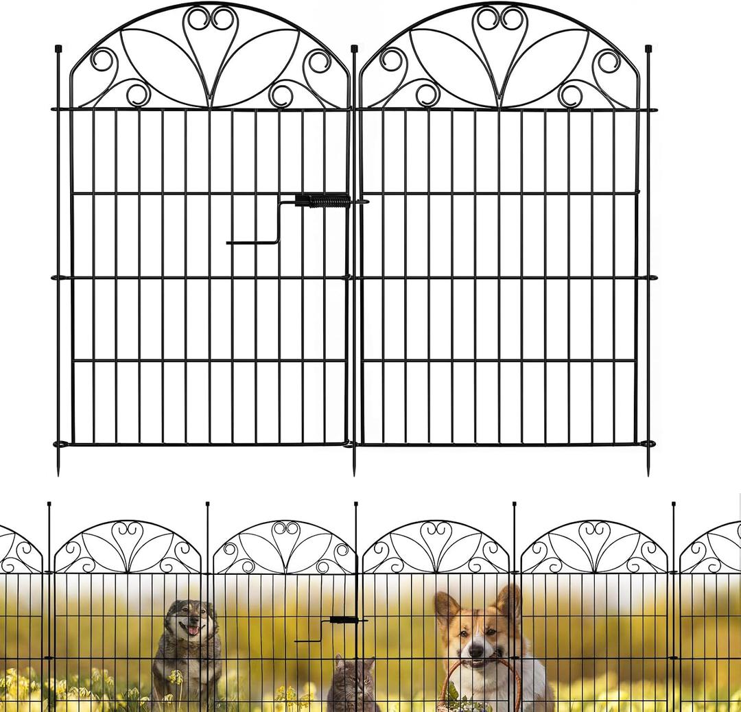 6 Panels No Dig Garden Fence with Gate, 32" H x 11ft, Decorative Metal Animal Barrier Dog Fence Outdoor for Yard, Walk-Through Iron Fencing for Flower Bed, Patio & Vegetable Garden