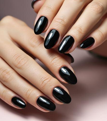 Morily Black Press on Nails - Glossy Short Oval Fake Stick on Nails, Reusable Full Cover Artificial False Fingernails for Women, 24 Pcs in 12 Sizes