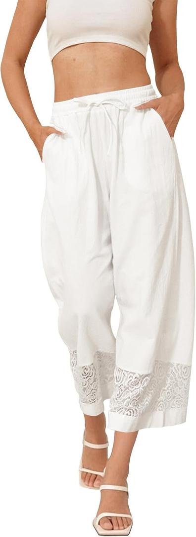 Fancysters Womens Linen Capri Pants Wide Leg High Waisted Palazzo Flowy Casual Loose Beach Summer Pants with Pockets (Small)