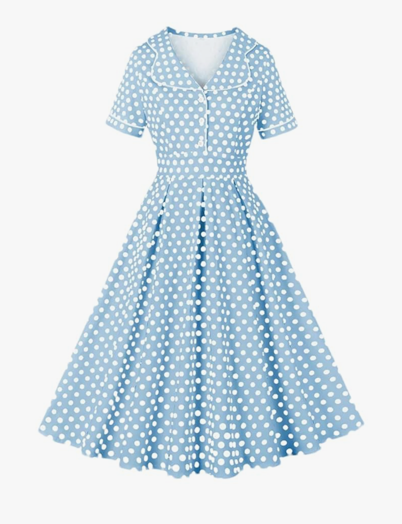 Women Lapel Short Sleeve Slim Printed Dress Vintage 50s 60s Swing A-Line Dress, Size M