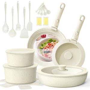 Ganiza 27pcs Nonstick Cookware Set, Pots and Pans Set Non Stick Detachable Handle, Non Toxic Cookware Sets Induction, Pots and Pans with Removable Handles, RV Cooking Set, Oven/Dishwasher Safe (Cream White)