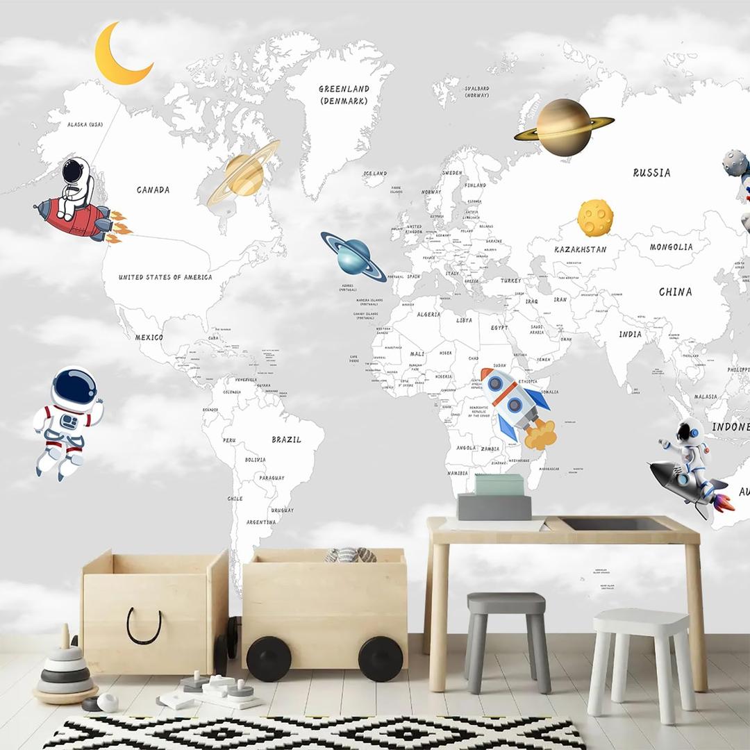 YQWDMX - Grey map Peel and Stick Wallpaper Cartoon Planet Kids wall Mural for Nursery ZY04 L