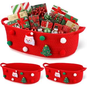 FoldTier 3 Pack Christmas Gift Basket Empty 15 x 9.9 x 5.1 Inch Santa Red Christmas Storage Bin with Handles, Woven Cotton Rope Basket for Gifts Holiday Treats Party Supplies, Home Xmas Decorations
