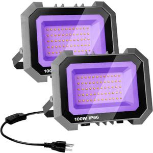 100W LED Black Lights 2 Pack, Blacklight Flood Light with On/Off Switch 6.7Ft Cord, IP65 Waterproof Outdoor Black Lights, Glow in The Dark, Halloween, Body Paint, Fluorescent Poster, Neon Glow