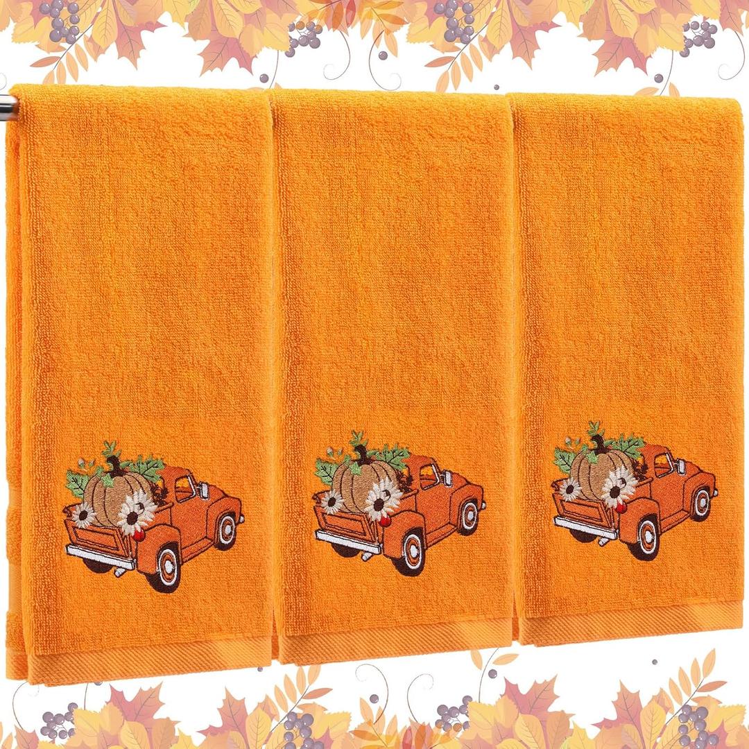 3 Pcs Thanksgiving Hand Towels for Bathroom 13.8 x 29.5 Inch Fall Decorative Bath Towels Sets 100% Cotton Embroidered Pumpkin Autumn Maple Bathroom Decor(Orange,Pumpkin Truck)
