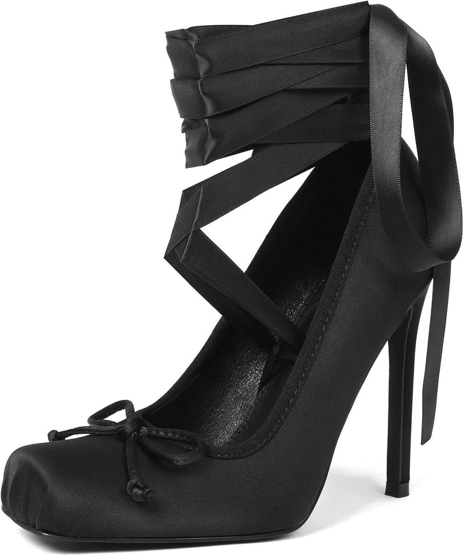 Oiamenne Women's Satin Ballerina Stiletto-Heels for Wedding and Dressy (8.5, Black)