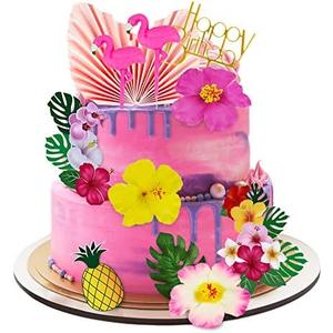 12 PCS Flamingo Cake Toppers Flamingo Palm Leaves Hibiscus Flowers Hawaiian Cake Decorations for Tropical Luau Themed Birthday Wedding Party Supplies