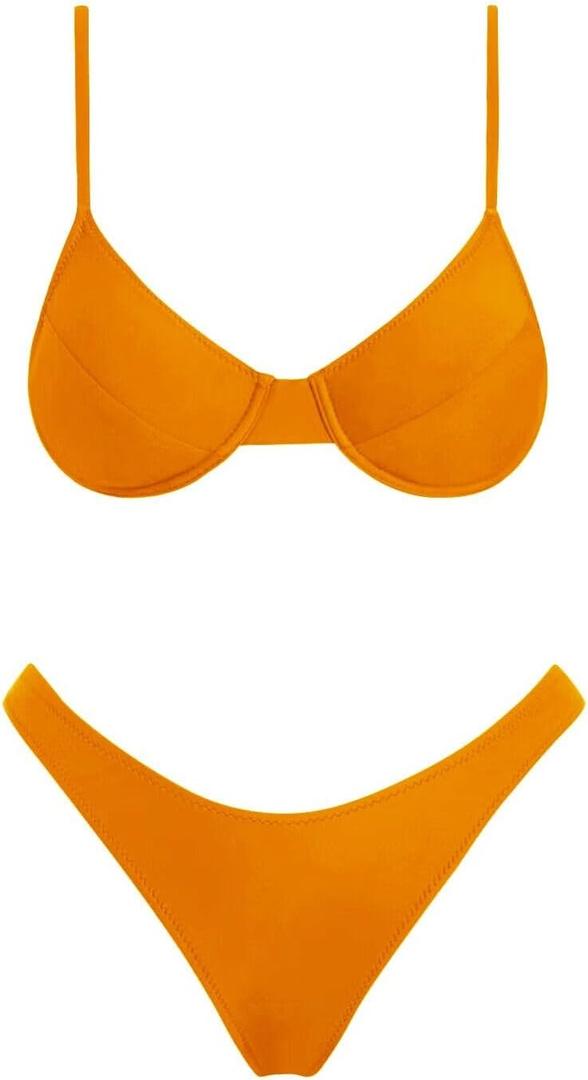 VOLAFA Women's Triangle Bikini Set Textured Frilled Smocked Ruched Push Up Swimsuit Two Piece Bathing Suit (10, Bright Orange)