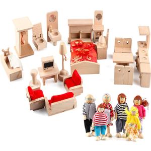 5 Set Dollhouse Furniture Accessories Wooden Bathroom/Living Room/Dining Room/Bedroom/Kitchen House 6 Family Doll Decoration Pretend Play Kids Christmas Birthday Gifts for Girls Toys 40 Pcs
