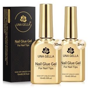 UNA GELLA 9 in 1 Gel Nail Glue for Clear Acrylic Nails Tips 2Pcs 10ml Long Lasting Super Strong Brush on Nail Gel Glue for False Press on Nails Tips Base Blooming Gel, U V Light Required, B-2Pcs 10ml Gel Nail Glue