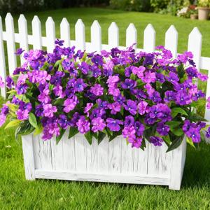 2 x Artificial Impatiens Flowers for Outdoors, 6 Bundles Silk Fake Flowers for Spring Summer Decoration, UV Resistant Faux Plants Plastic Bouquet for Home Planter Porch Patio Yard Decor(Double Purple)